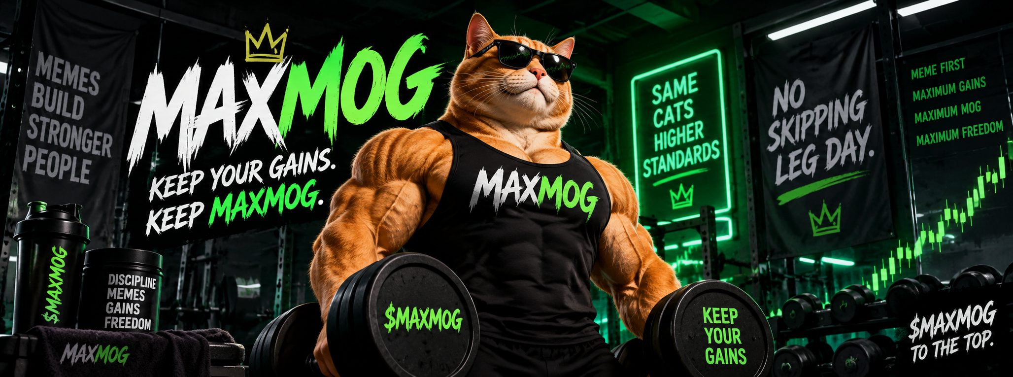 MAXMOG muscular orange cat in a neon gym